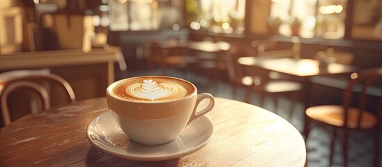 Aufkleber - Cup of coffee with latte art in a vintage colored coffee shop. with copy space image. Place for adding text or design