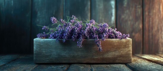 Poster - Lavender blooms in a box on a wooden surface. with copy space image. Place for adding text or design