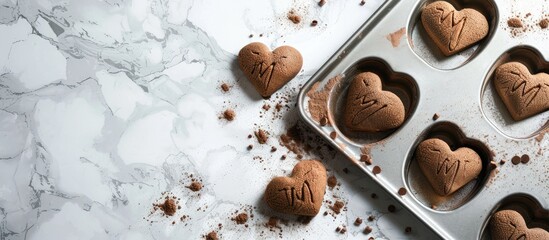 Aufkleber - Metal molds for heart shaped cookies on a marble table Concept of cooking with love preparing for loved ones baking for Valentine s Day Copy space Top view