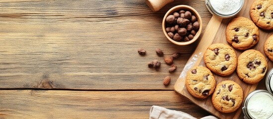 Poster - Baking cookies on a wooden surface Ingredients for cake preparation Copyspace