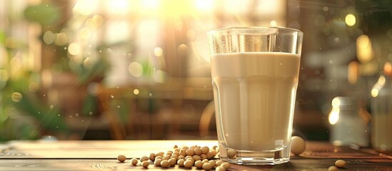 Leinwandbilder - A glass of soy milk with soybeans on a wooden table featuring a blurred background and morning lighting conveys a healthy concept. with copy space image. Place for adding text or design