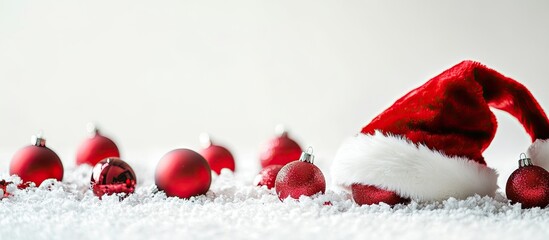 Poster - Red fluffy velvet Christmas Santa Claus hat featuring a white tip and rim along with bright red frosted Christmas balls set against an isolated white background This composition is perfect for holi