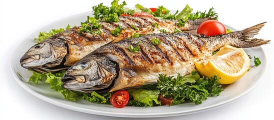 Aufkleber - Grilled Sea Bream Dorado fillets presented on fresh salad Isolated against a white background. with copy space image. Place for adding text or design