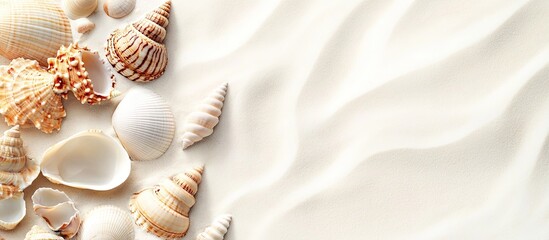 Wall Mural - seashells on white sand summer beach and vacation backdrop with copyspace