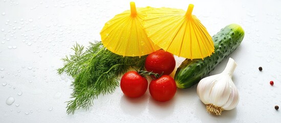 Fototapete - Yellow dill umbrellas two garlic bulbs three red cherry tomatoes and a green cucumber on a white background with a space for text. with copy space image. Place for adding text or design