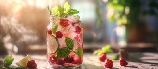 Leinwandbilder - Mason jar filled with fresh raspberry mojito on a bright table. with copy space image. Place for adding text or design