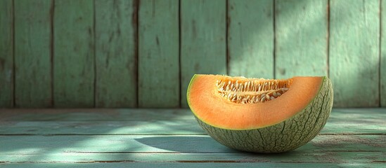 Poster - Melon on a Green Wooden Surface. with copy space image. Place for adding text or design