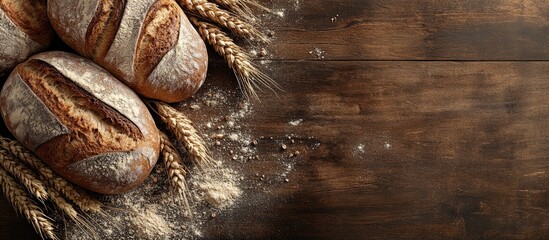 Poster - Bread border on dark wood with copy space background Still life arrangement of brown and white whole grain loaves with wheat flour scattered around Bakery cooking and grocery store theme