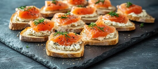 Aufkleber - Baguette slices topped with soft cheese and salmon on a slate board vintage toned. with copy space image. Place for adding text or design