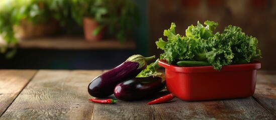 Fototapete - On a wooden table there are vegetables eggplant chili and green salad in a small red container. with copy space image. Place for adding text or design