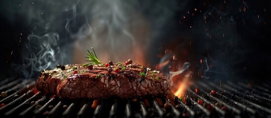 Leinwandbilder - The grilled beef against the dark backdrop. with copy space image. Place for adding text or design