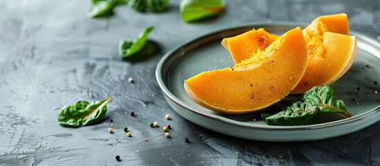 Fototapete - Pumpkin with chard presented on a porcelain plate with copy space