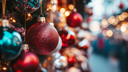 Traditional holiday decorations with sparkling red christmas ornaments