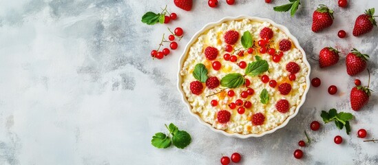 Poster - Homemade casserole featuring cottage cheese semolina fresh red currant berries and strawberries on a light gray background Top view Copy space
