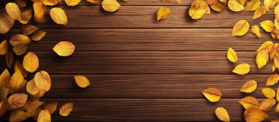 Poster - autumn yellow leaves on a wooden background. with copy space image. Place for adding text or design