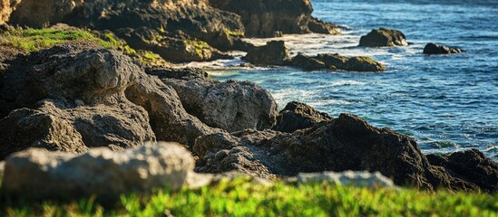 Poster - Rocks and grass along the shore on a sunny day Coastal scenery Scenic coastline Dark rock formations and green grass beside the water. with copy space image. Place for adding text or design
