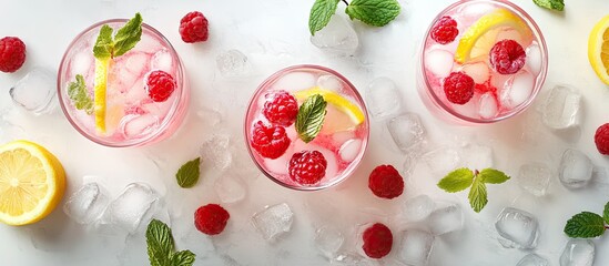 Aufkleber - Refreshing summer drinks including fruit and berry raspberry mojito or lemonade with fresh mint frozen raspberries lemon slices and ice set against a light background copy space top view