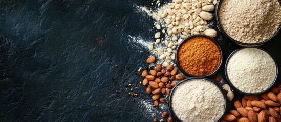 Aufkleber - Various kinds of nut flour almond hazelnut and cashew from a top view on a dark background Keto diet and gluten free concept. with copy space image. Place for adding text or design