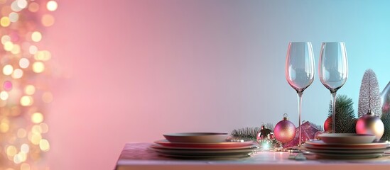 Aufkleber - Beautifully arranged table for a Christmas celebration against a colored background. with copy space image. Place for adding text or design