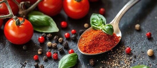 Fototapete - A spoon filled with spices including paprika basil pepper and thyme accompanied by cherry tomatoes. with copy space image. Place for adding text or design