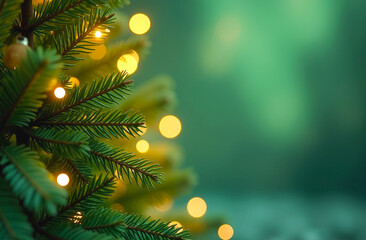 Wall Mural - green defocused background and a christmas tree infront with yellow lights and bokeh. copy space on 