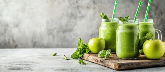 Fototapete - Freshly blended green apple smoothie in glass jars with straws mint leaves and apples Background features a white wooden board with copy space