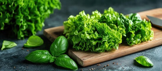 Poster - Vegetable backdrop with copyspace Lettuce and basil on a wooden cutting board Vegan cuisine idea Healthy eating