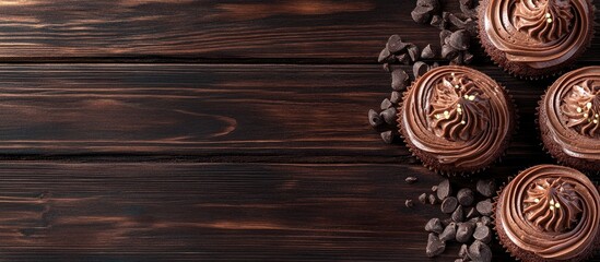 Aufkleber - Festive homemade cakes Round chocolate muffin big muffin or cake with chocolate icing on a dark wooden background Space for text Top view. with copy space image. Place for adding text or design