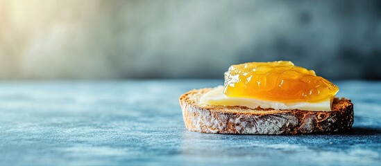 Poster - Close up of a single slice of homemade bread topped with cheese and quince marmalade Cheese and quince jelly on a slice of bread presented in a minimalist style on a blue table. with copy space image