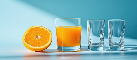 Aufkleber - A group of glasses filled with orange juice and three empty glasses for water on a clean bright background This concept promotes a healthy lifestyle or caters to a service. with copy space image