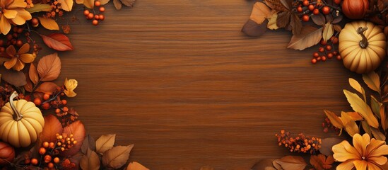 Fototapete - Autumn backdrop featuring leaves berries flowers and pumpkins in shades of orange yellow and red set against a wooden background. with copy space image. Place for adding text or design