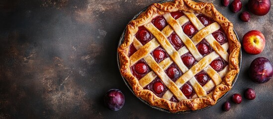 Aufkleber - Plum pie on a rustic stone surface Top view Copyspace