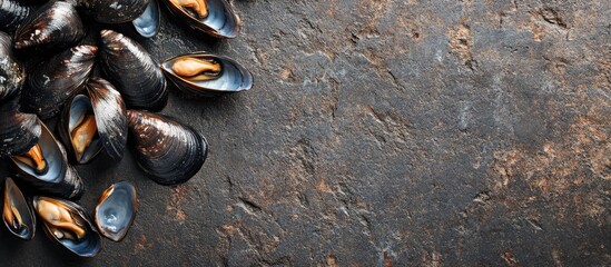 Aufkleber - Mussels on a stone concrete surface Top view copy space Square crop