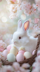 Charming easter card design with fluffy white bunny and pastel eggs