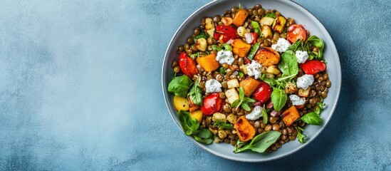 Wall Mural - Lentil salad with roasted vegetables and goat cheese on a light blue background Selective focus copy space