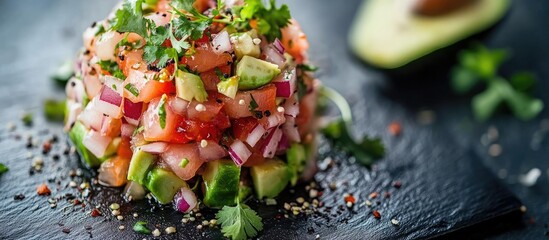 Poster - Close up shot of a Russian salad featuring avocado and cilantro sprouts Copy space Vertical