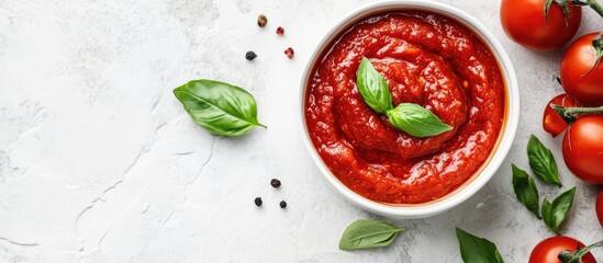 Aufkleber - Homemade tomato paste in a white bowl top view. with copy space image. Place for adding text or design
