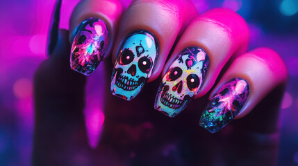 Vibrant halloween skull and bone nail art design for festive inspiration