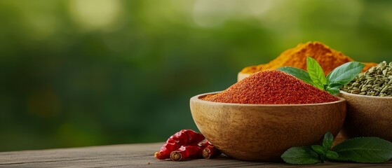  A wooden table holds two bowls One is filled with spices, the other with green leaves Red chili peppers rest atop the bowl with leaves