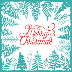 Wall Mural - Merry Christmas tree frame . Christmas greeting Card, hand drawing. Not AI, Vector illustrations.