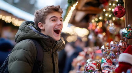 Joyful teen celebrating holiday spirit at festive market for seasonal promotions