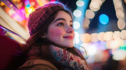 Joyful young woman enjoying winter carnival ride amid vibrant holiday lights