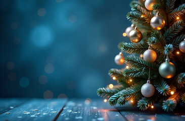Wall Mural - blue defocused background and a christmas tree decorated with balls and lights. copy space on the le