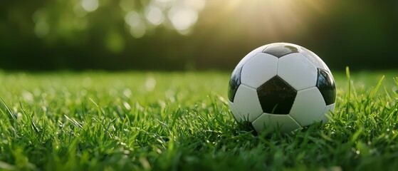  A soccer ball sits in the heart of a lush grass field Sun rays filter through towering trees behind, illuminating the scene