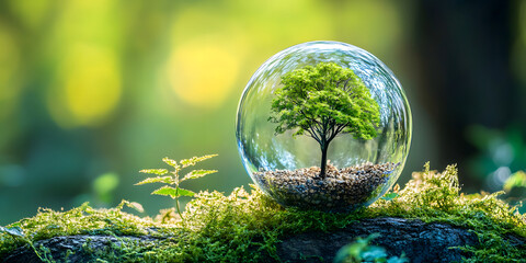 a small tree grows in a transparent glass ball. Concept of growth and renewal. prosperity and preservation. This is the background