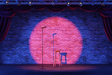 Wall Mural - empty stand-up stage with a microphone and spotlights. an empty stage with bricks on background