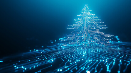 A blue background with an abstract Christmas tree made of glowing digital circuit patterns, symbolizing the holiday season in technology and computer science. Christmas card.