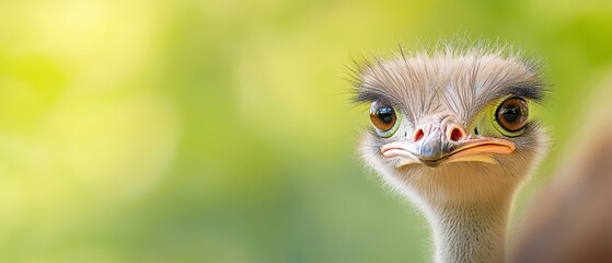  A tight shot of an ostrich's head against a softly blurred backdrop of trees
