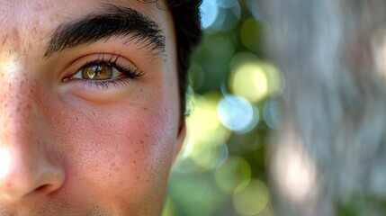 Wall Mural - Close-Up of a Young Caucasian Man's Eye in Natural Light. Concept of Masculine Beauty, Outdoor Relaxation, Detailed Facial Features, Human Connection