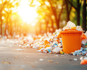 Overflowing trash can surrounded by litter on a sunlit street, highlighting urban pollution and waste management issues.